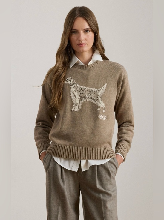 Polo Ralph Lauren Sweaters - Polo by Ralph Lauren Taupe Dog Intarsia Crewneck Sweater